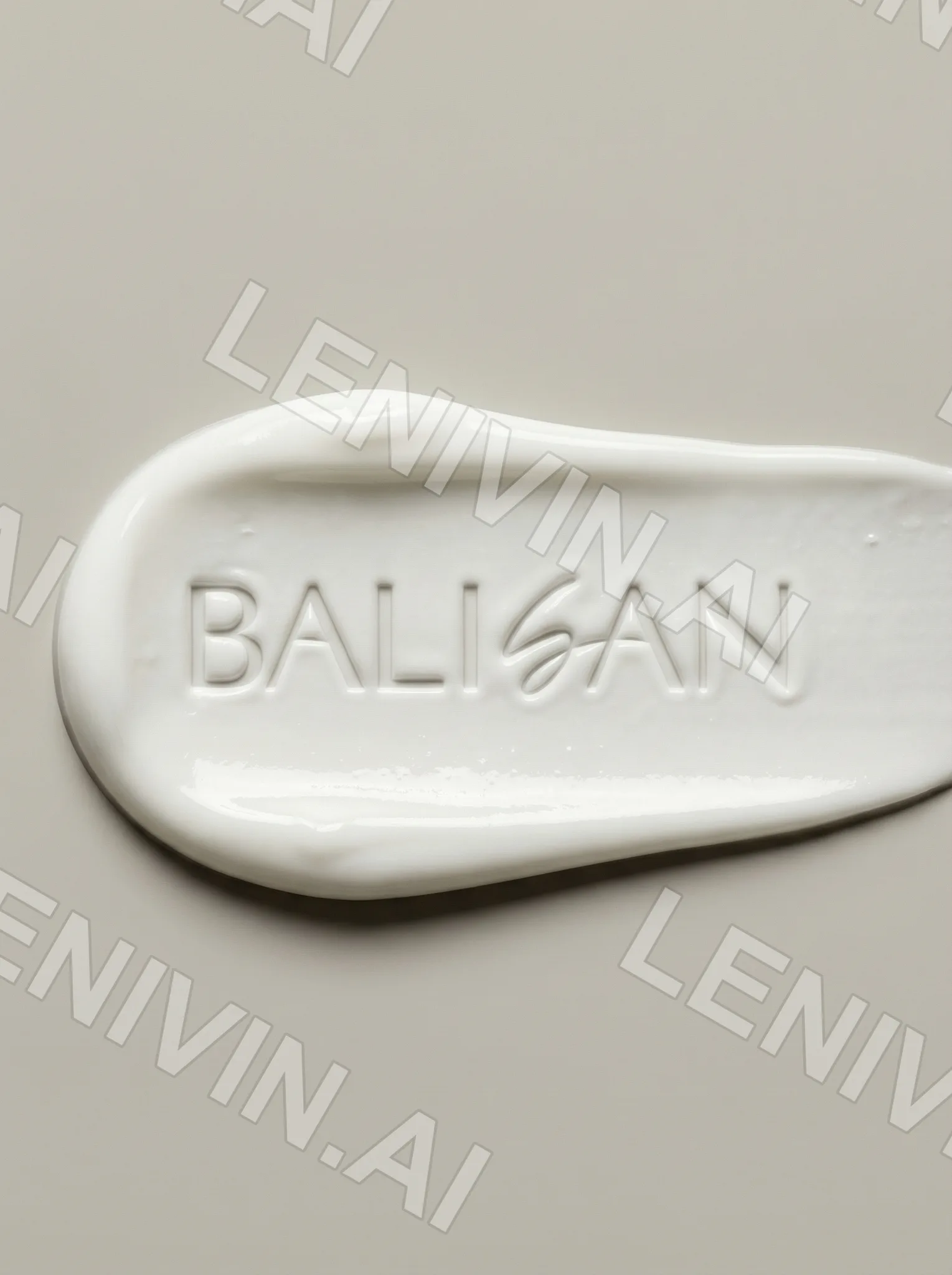 Белый крем с выдавленным словом BALISAN на светло-сером фоне