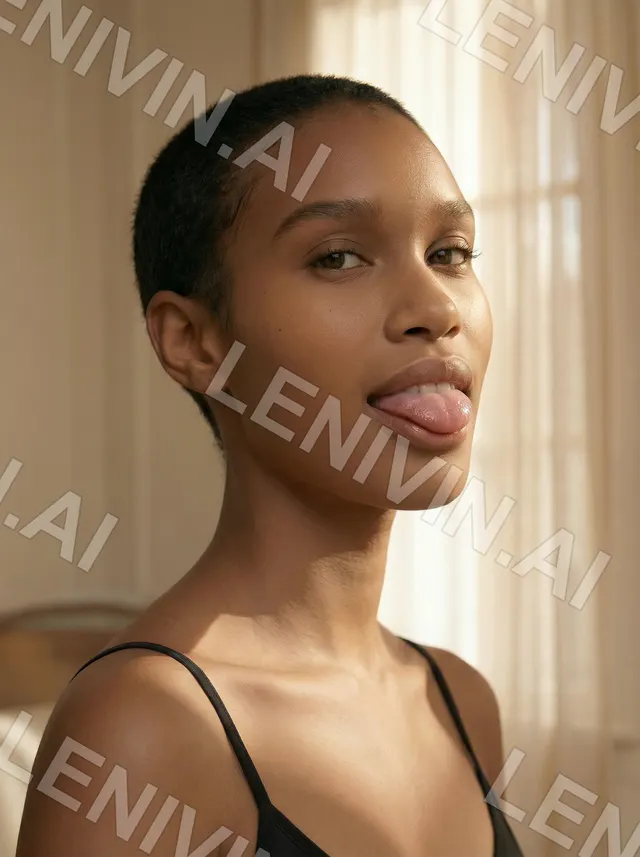 Девушка с короткой стрижкой показывает язык, чёрные бретельки, мягкий свет