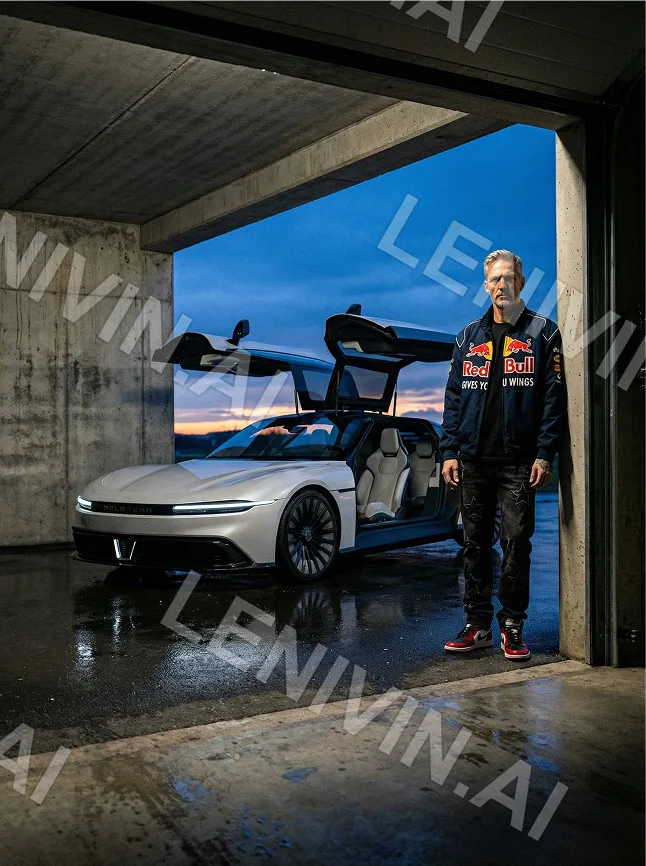 Мужчина в куртке Red Bull рядом с белым авто в бетонном гараже, вид на закат